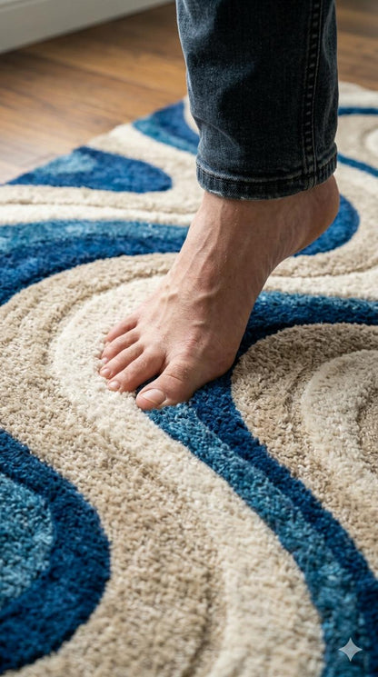 Blue Cream Wavy Wool Rug | Abstract Mid Century Modern Large Area Rug