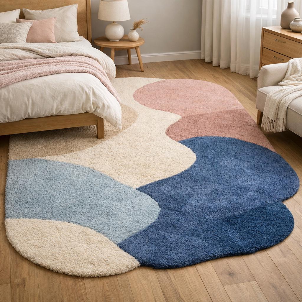 Organic Shape Tufted Rug | Pastel Abstract Area Rug | Luxury Hand Tufted Carpet | Modern Bedroom Rug | Wavy Wool Rug