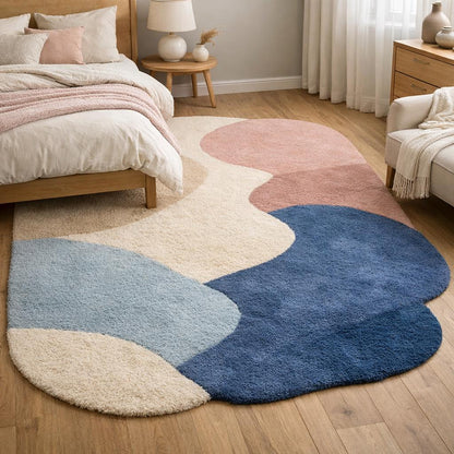 Organic Shape Tufted Rug | Pastel Abstract Area Rug | Luxury Hand Tufted Carpet | Modern Bedroom Rug | Wavy Wool Rug