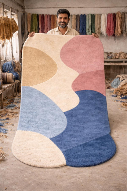 Organic Shape Tufted Rug | Pastel Abstract Area Rug | Luxury Hand Tufted Carpet | Modern Bedroom Rug | Wavy Wool Rug