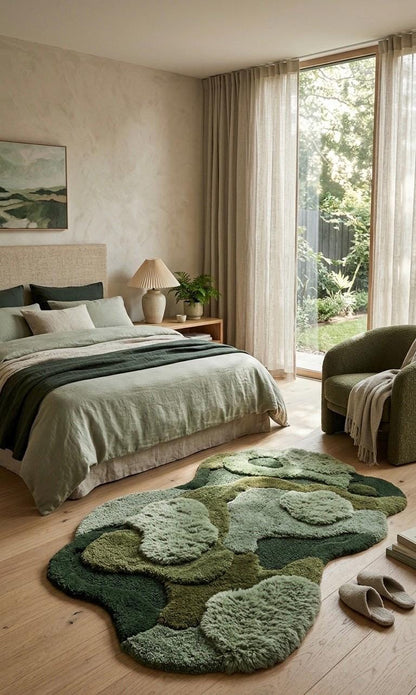 Organic Moss Rug Hand Tufted Wool Rug | Irregular Shape 3D Forest Floor Carpet | Biophilic Design Sage Green Olive Area Rug