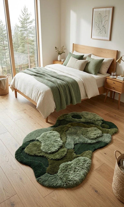 Organic Moss Rug Hand Tufted Wool Rug | Irregular Shape 3D Forest Floor Carpet | Biophilic Design Sage Green Olive Area Rug