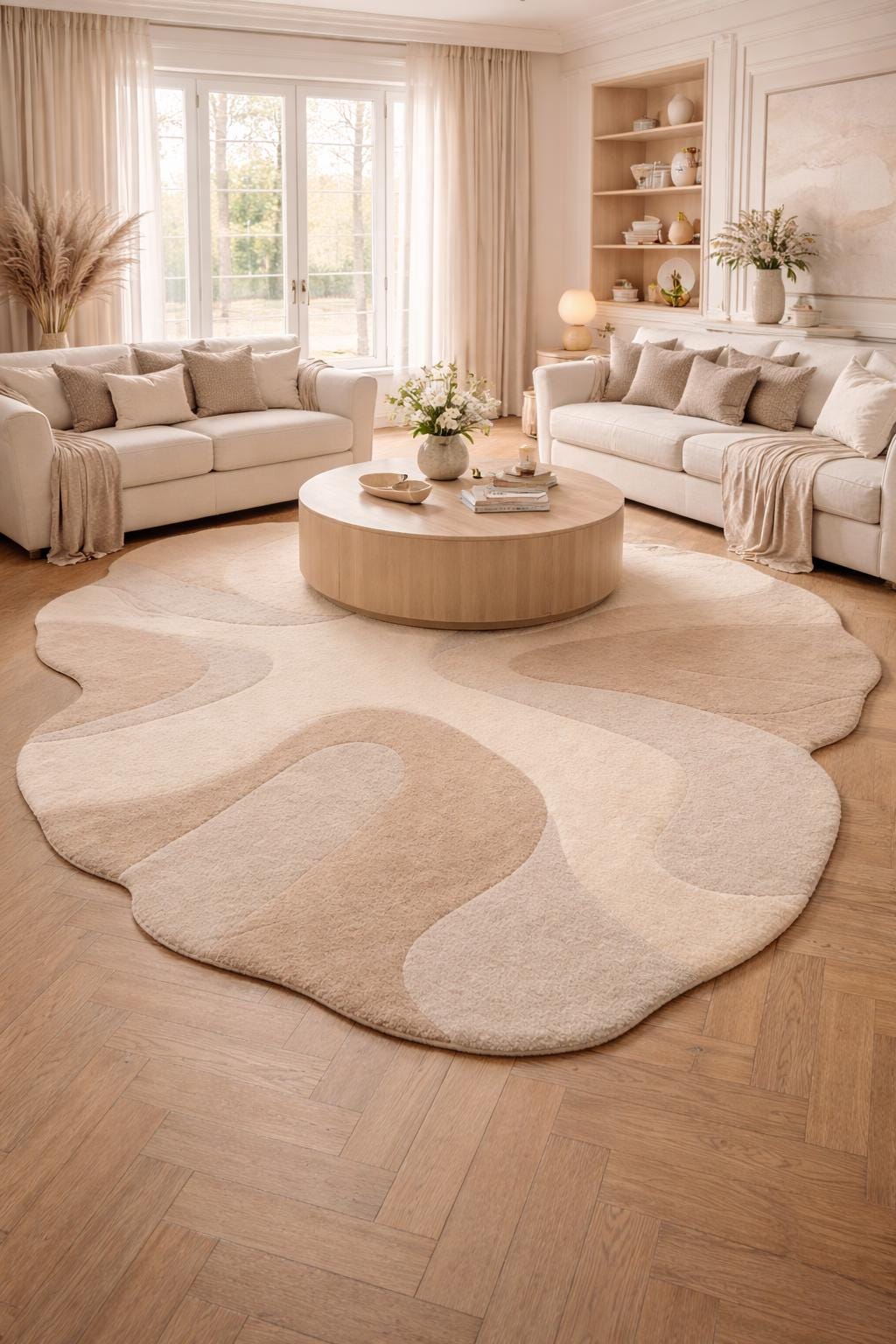 Hand Tufted Wool Rug | Organic Shape, Neutral Abstract Design, Modern Living Room 9x12