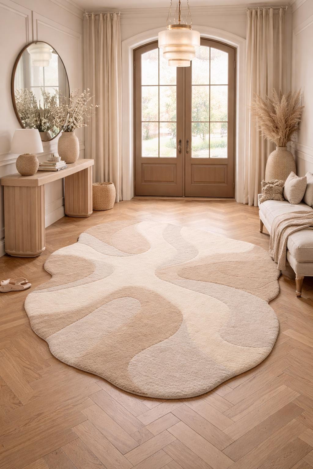 Hand Tufted Wool Rug | Organic Shape, Neutral Abstract Design, Modern Living Room 9x12