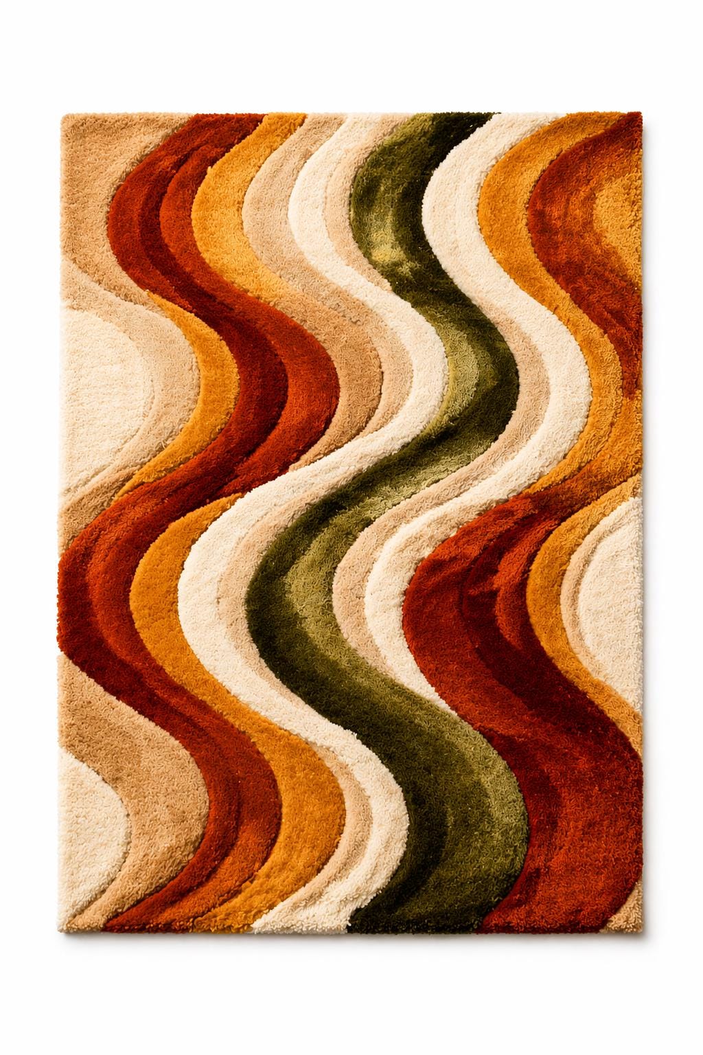 Mid Century Modern Rug | Abstract Wavy Rug | Hand Tufted Wool Rug | Retro Orange Green Cream Rug| Shag Area Rug | Luxury Bedroom Living Room