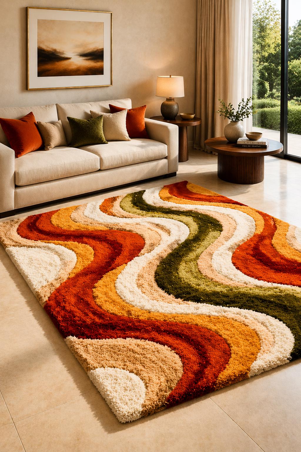 Mid Century Modern Rug | Abstract Wavy Rug | Hand Tufted Wool Rug | Retro Orange Green Cream Rug| Shag Area Rug | Luxury Bedroom Living Room