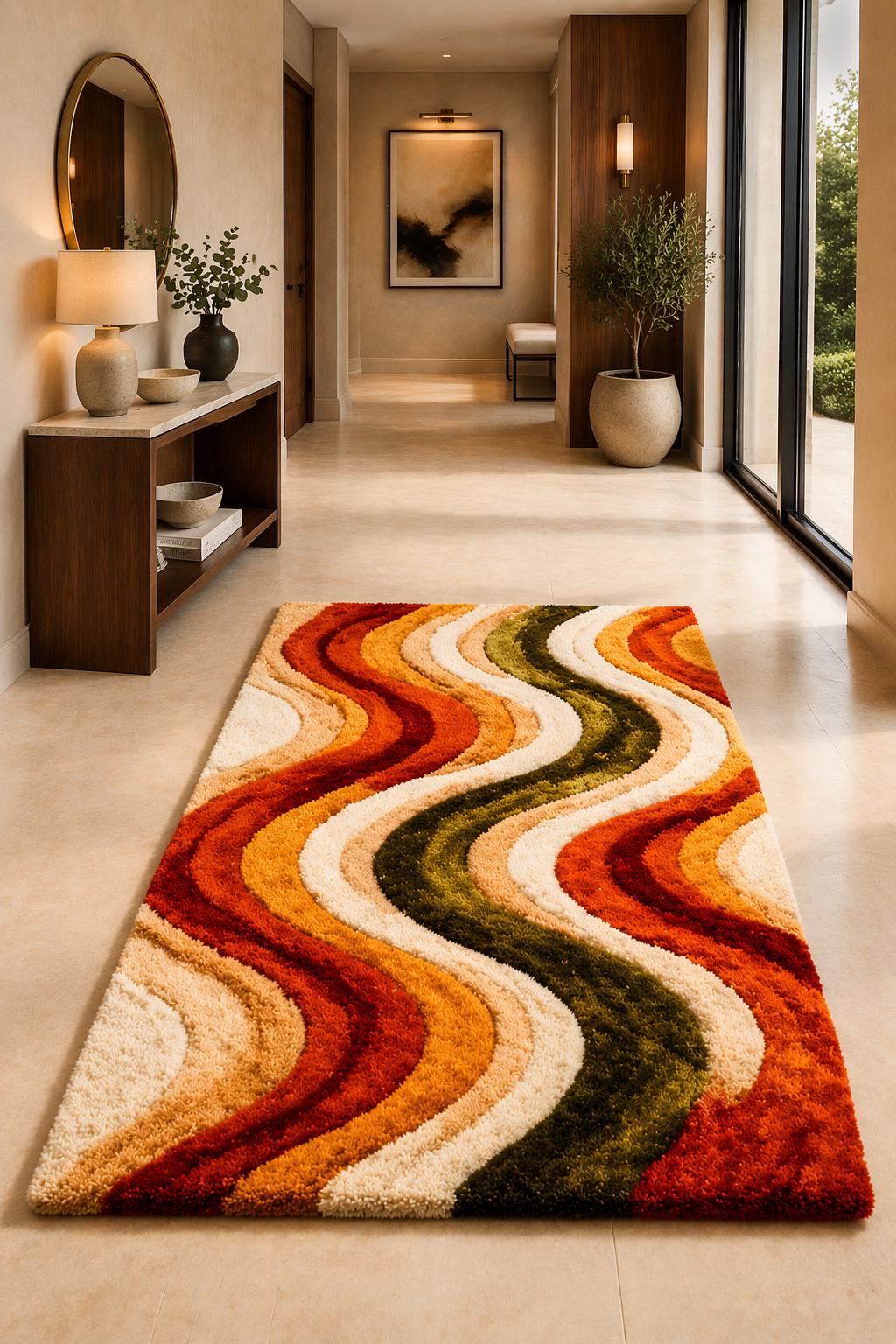 Mid Century Modern Rug | Abstract Wavy Rug | Hand Tufted Wool Rug | Retro Orange Green Cream Rug| Shag Area Rug | Luxury Bedroom Living Room