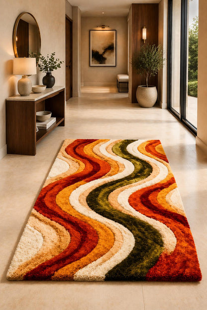 Mid Century Modern Rug | Abstract Wavy Rug | Hand Tufted Wool Rug | Retro Orange Green Cream Rug| Shag Area Rug | Luxury Bedroom Living Room