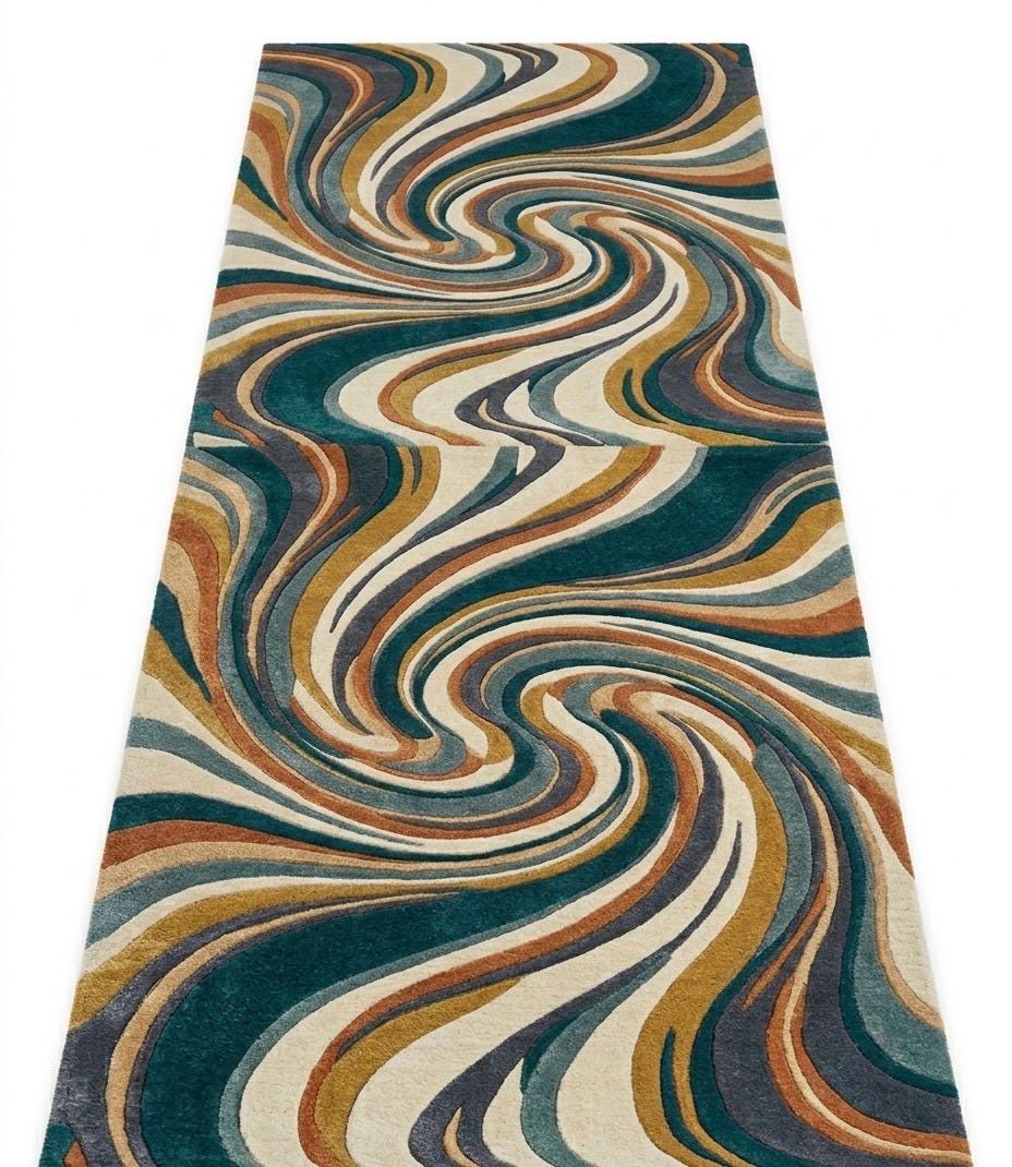 Mid Century Modern Swirl Wool Rug | Teal Mustard Cream Abstract Area Rug