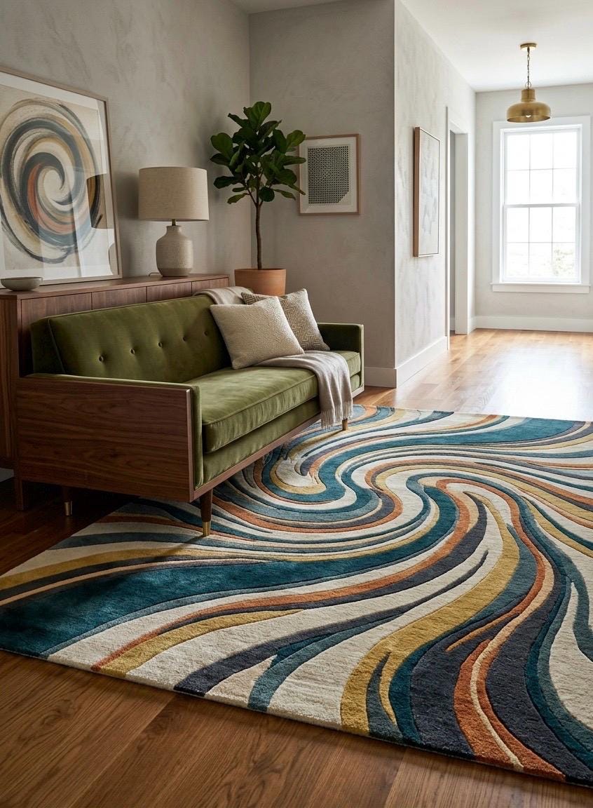Mid Century Modern Swirl Wool Rug | Teal Mustard Cream Abstract Area Rug