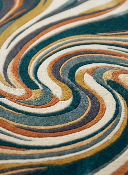Mid Century Modern Swirl Wool Rug | Teal Mustard Cream Abstract Area Rug