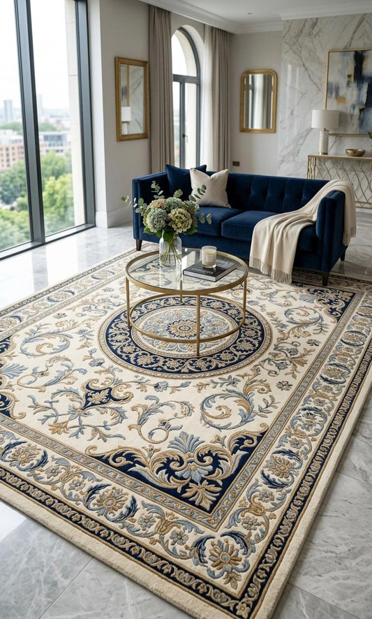 Luxury Blue Beige Floral Rug | Hand Tufted Wool Area Rug | Traditional Vintage Carpet | Living Room Rug | Large Statement Rug 15x20 20x20