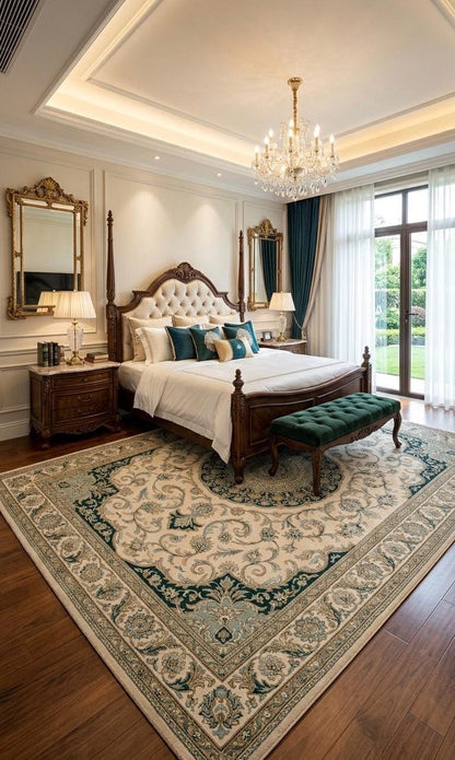 Luxury Hand Tufted Wool Rug | Classic European Medallion Rug | Ivory Green Floral Area Rug | Traditional Bedroom Living Room Carpet | 15x20