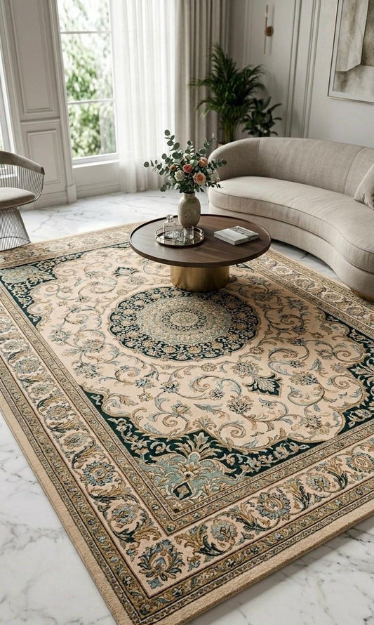 Luxury Hand Tufted Wool Rug | Classic European Medallion Rug | Ivory Green Floral Area Rug | Traditional Bedroom Living Room Carpet | 15x20