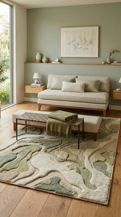 Organic Abstract Green Rug | Hand Tufted Wool Rug Neutral Sage Area Rug | Modern Sculpted 3D Texture Rug | Japandi Minimalist Room carpet