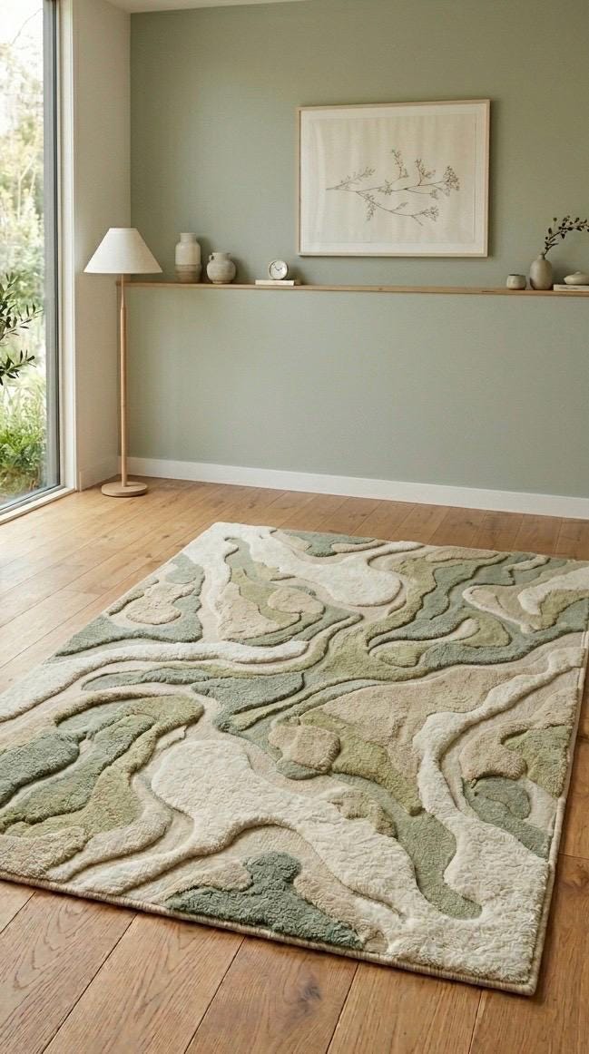 Organic Abstract Green Rug | Hand Tufted Wool Rug Neutral Sage Area Rug | Modern Sculpted 3D Texture Rug | Japandi Minimalist Room carpet