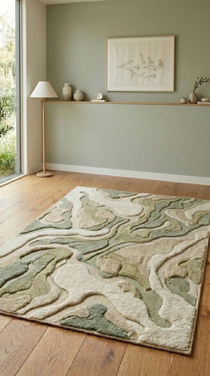 Organic Abstract Green Rug | Hand Tufted Wool Rug Neutral Sage Area Rug | Modern Sculpted 3D Texture Rug | Japandi Minimalist Room carpet