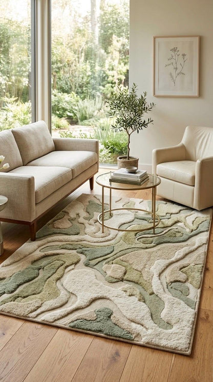 Organic Abstract Green Rug | Hand Tufted Wool Rug Neutral Sage Area Rug | Modern Sculpted 3D Texture Rug | Japandi Minimalist Room carpet