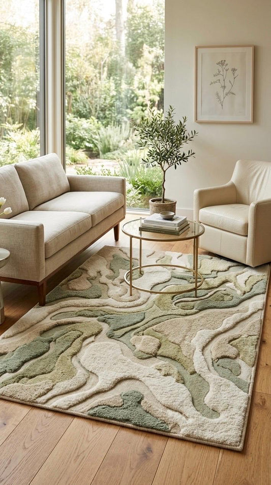 Organic Abstract Green Rug | Hand Tufted Wool Rug Neutral Sage Area Rug | Modern Sculpted 3D Texture Rug | Japandi Minimalist Room carpet