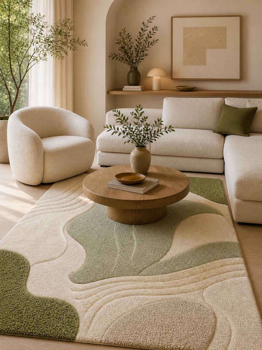 Luxury Moss Green Tufted Wool Rug |  Organic Abstract Area Rug | Neutral Modern Rug | Hand Tufted Carpet | handmade Sculpted Textured Rug