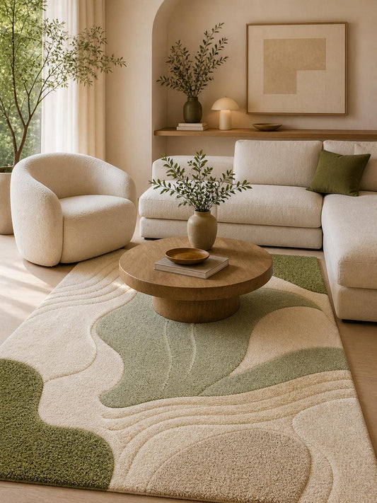Luxury Moss Green Tufted Wool Rug |  Organic Abstract Area Rug | Neutral Modern Rug | Hand Tufted Carpet | handmade Sculpted Textured Rug