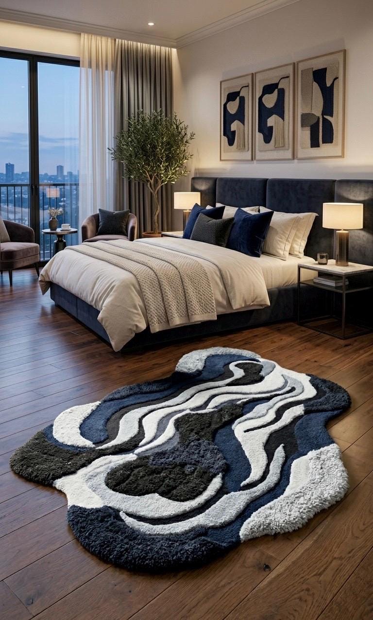 Irregular Abstract Tufted Rug | Midnight Flow rug | Navy Blue Cream Modern Area Rug | Handmade Sculpted Wool Rug | Luxury Organic Shape Rug