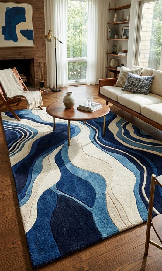 Hand Tufted Wool Rug Blue Cream Abstract | Modern Wavy Area Rug | Luxury Bedroom Living Room Carpet | Scandinavian Mid Century Floor Rug