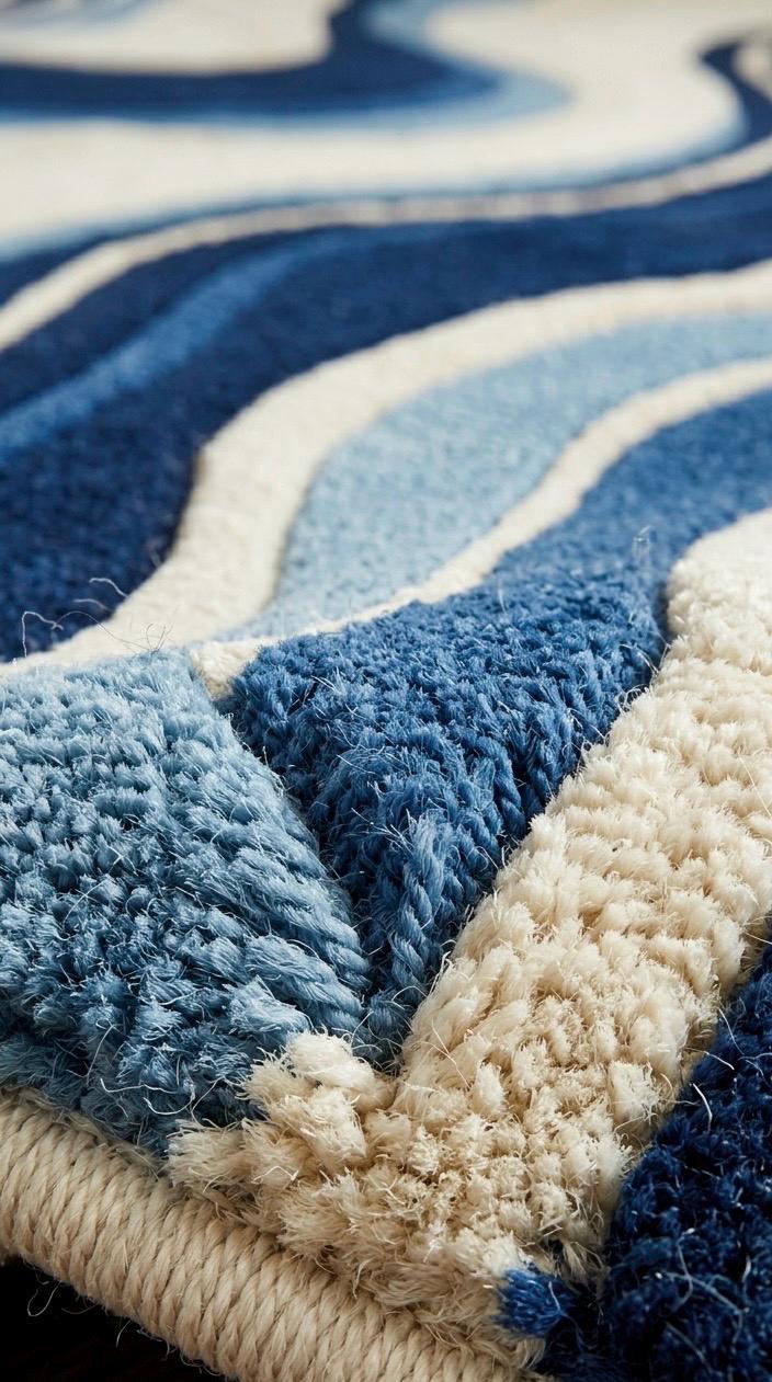 Hand Tufted Wool Rug Blue Cream Abstract | Modern Wavy Area Rug | Luxury Bedroom Living Room Carpet | Scandinavian Mid Century Floor Rug