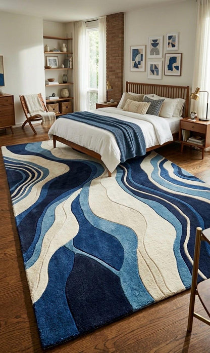 Hand Tufted Wool Rug Blue Cream Abstract | Modern Wavy Area Rug | Luxury Bedroom Living Room Carpet | Scandinavian Mid Century Floor Rug