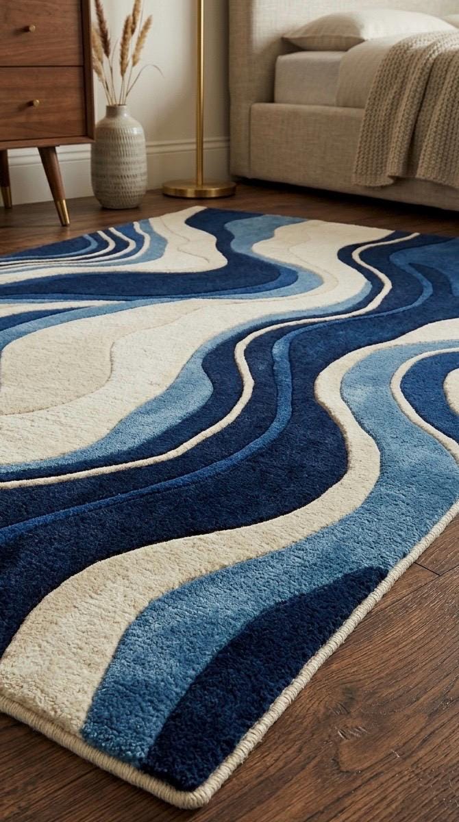 Hand Tufted Wool Rug Blue Cream Abstract | Modern Wavy Area Rug | Luxury Bedroom Living Room Carpet | Scandinavian Mid Century Floor Rug