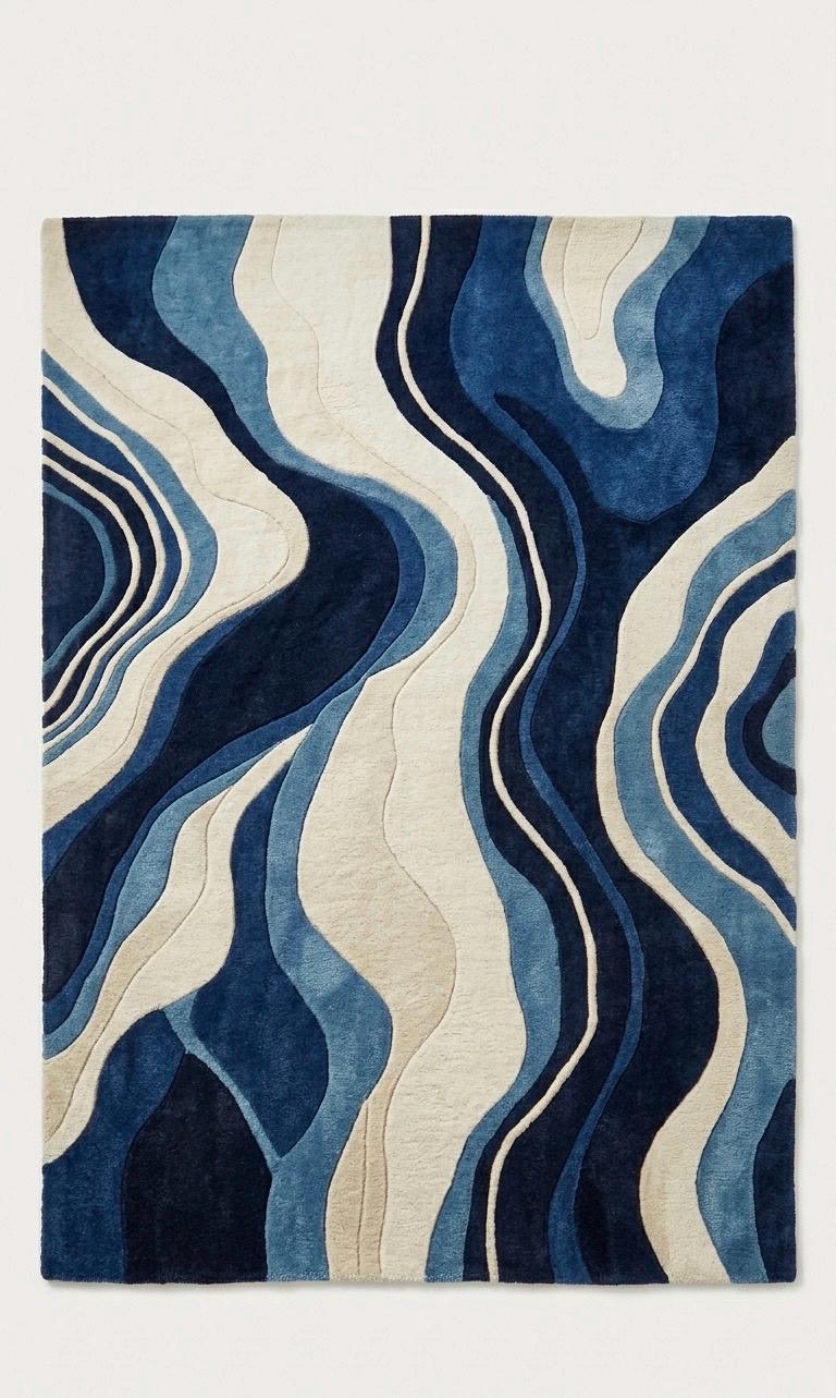 Hand Tufted Wool Rug Blue Cream Abstract | Modern Wavy Area Rug | Luxury Bedroom Living Room Carpet | Scandinavian Mid Century Floor Rug