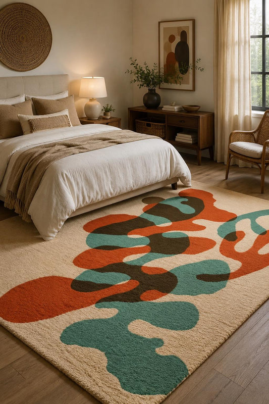 Luxury Abstract Hand Tufted Wool Rug |Modern Organic Area Rug | Contemporary Cream Orange Teal Carpet | Custom Handmade Bedroom Living Room