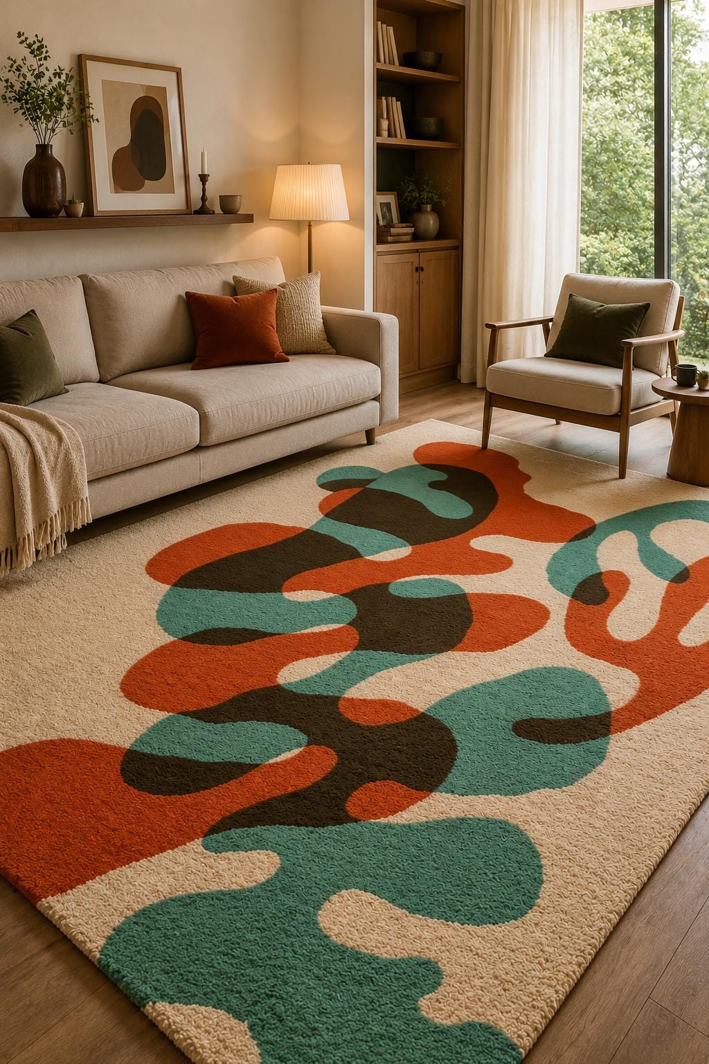Luxury Abstract Hand Tufted Wool Rug |Modern Organic Area Rug | Contemporary Cream Orange Teal Carpet | Custom Handmade Bedroom Living Room