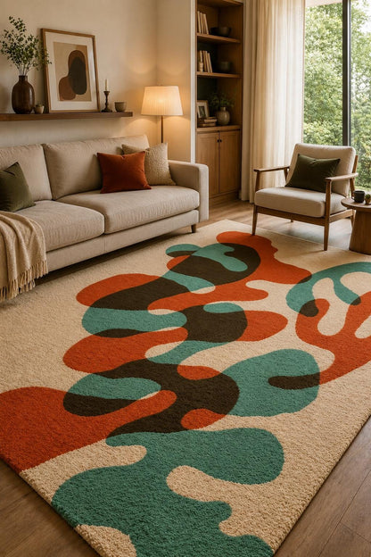 Luxury Abstract Hand Tufted Wool Rug |Modern Organic Area Rug | Contemporary Cream Orange Teal Carpet | Custom Handmade Bedroom Living Room