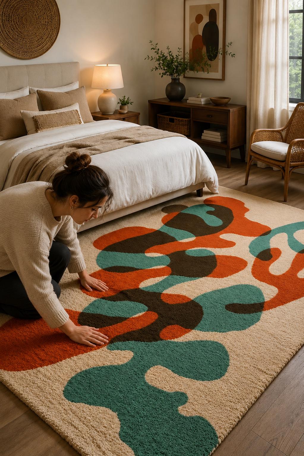 Luxury Abstract Hand Tufted Wool Rug |Modern Organic Area Rug | Contemporary Cream Orange Teal Carpet | Custom Handmade Bedroom Living Room