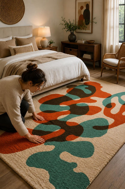 Luxury Abstract Hand Tufted Wool Rug |Modern Organic Area Rug | Contemporary Cream Orange Teal Carpet | Custom Handmade Bedroom Living Room