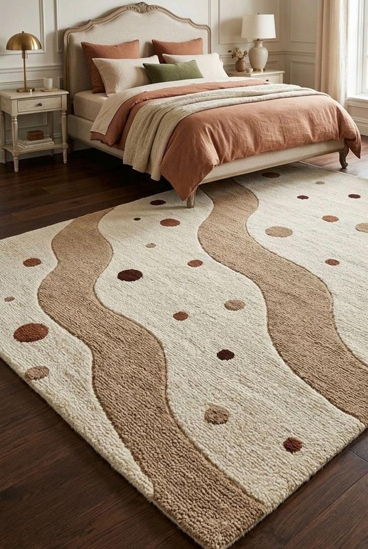 Modern Neutral Tufted Wool Rug | Abstract Wave Rug | Beige Cream Area Rug |Scandinavian Minimalist Rug | Luxury Bedroom Living Room Decor