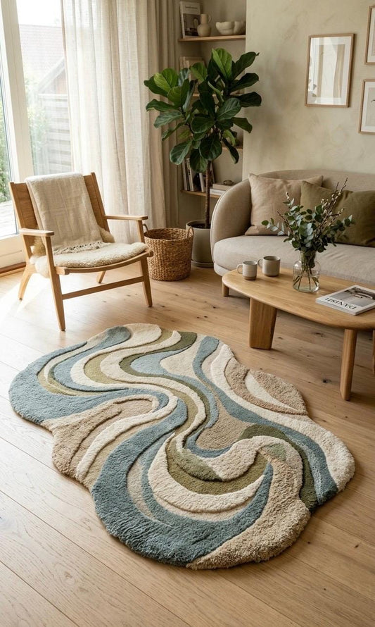 Organic Shaped Moss Green Rug Hand Tufted Wool Rug, Abstract Modern Area Rug, Sage Green Cream Rug, Irregular Shape Rug, Luxury Bedroom Rug