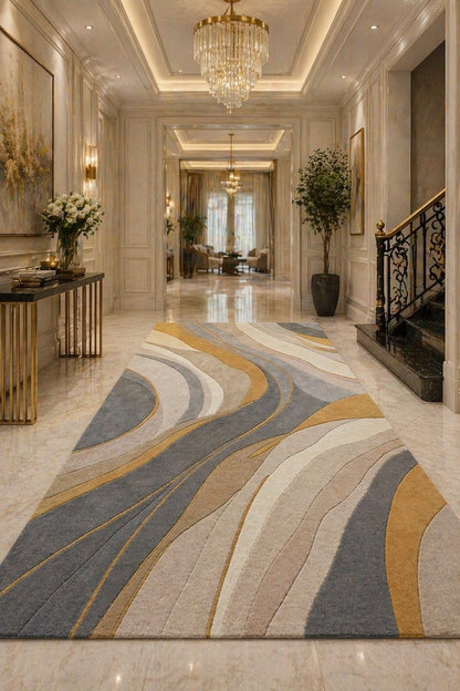 Luxury Hand Tufted Wool Rug | Abstract Marble Design Cut Pile Area Rug | Modern Bedroom Carpet | Navy Gold Beige | Custom Size rug US UK