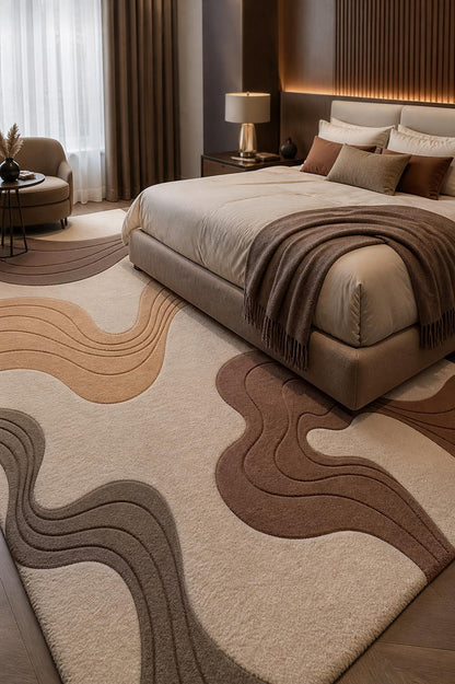 Luxury Neutral Abstract Rug | Hand Tufted Wool Area Rug | Modern Beige Brown Carpet | Scandinavian Living Room Rug | Curved Organic rug