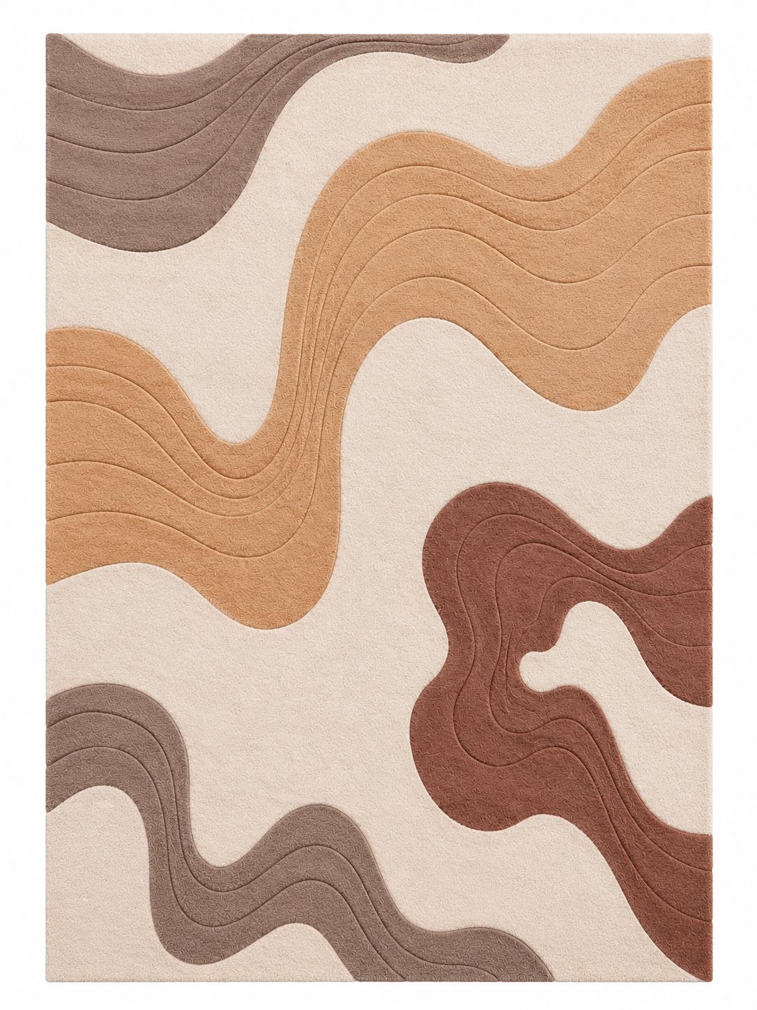 Luxury Neutral Abstract Rug | Hand Tufted Wool Area Rug | Modern Beige Brown Carpet | Scandinavian Living Room Rug | Curved Organic rug