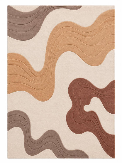 Luxury Neutral Abstract Rug | Hand Tufted Wool Area Rug | Modern Beige Brown Carpet | Scandinavian Living Room Rug | Curved Organic rug