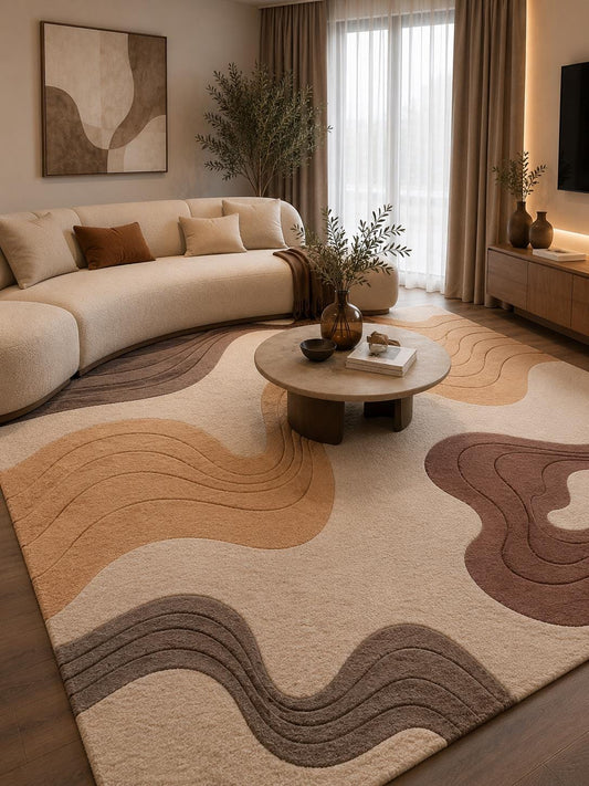 Luxury Neutral Abstract Rug | Hand Tufted Wool Area Rug | Modern Beige Brown Carpet | Scandinavian Living Room Rug | Curved Organic rug