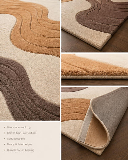 Luxury Neutral Abstract Rug | Hand Tufted Wool Area Rug | Modern Beige Brown Carpet | Scandinavian Living Room Rug | Curved Organic rug