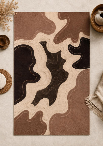 Luxury Hand Tufted Wool Rug | Abstract Neutral Area Rug | Modern Beige Brown Carpet | High Pile Sculpted Rug | Living Room Bedroom Rug