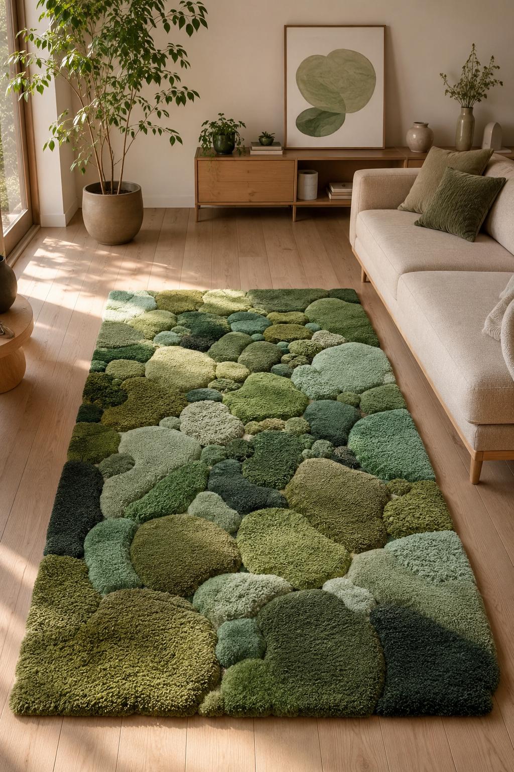 Hand Tufted Wool Moss Rug | Organic Pebble Shapes, Biophilic Japandi Carpet