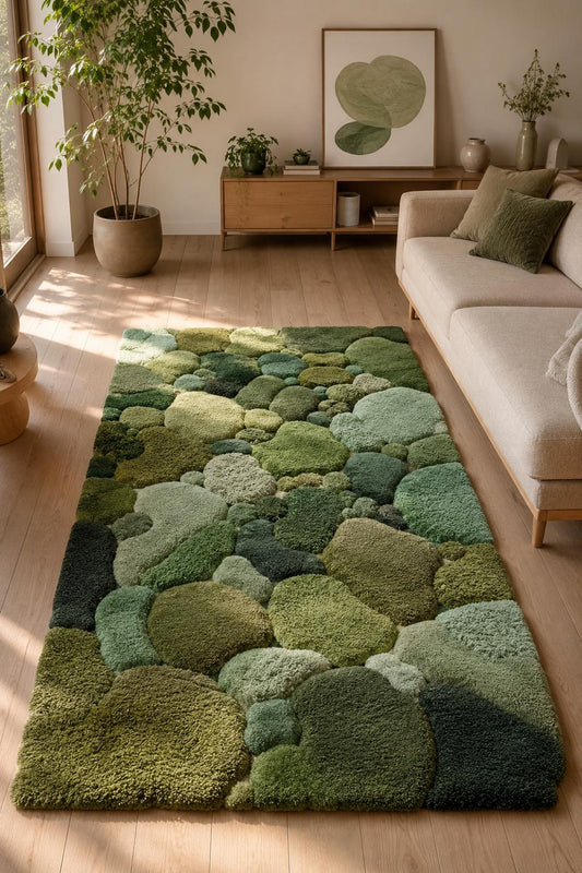 Hand Tufted Wool Moss Rug | Organic Pebble Shapes, Biophilic Japandi Carpet