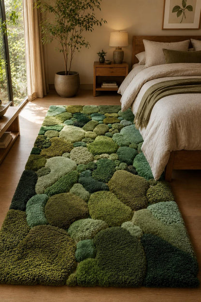 Hand Tufted Wool Moss Rug | Organic Pebble Shapes, Biophilic Japandi Carpet