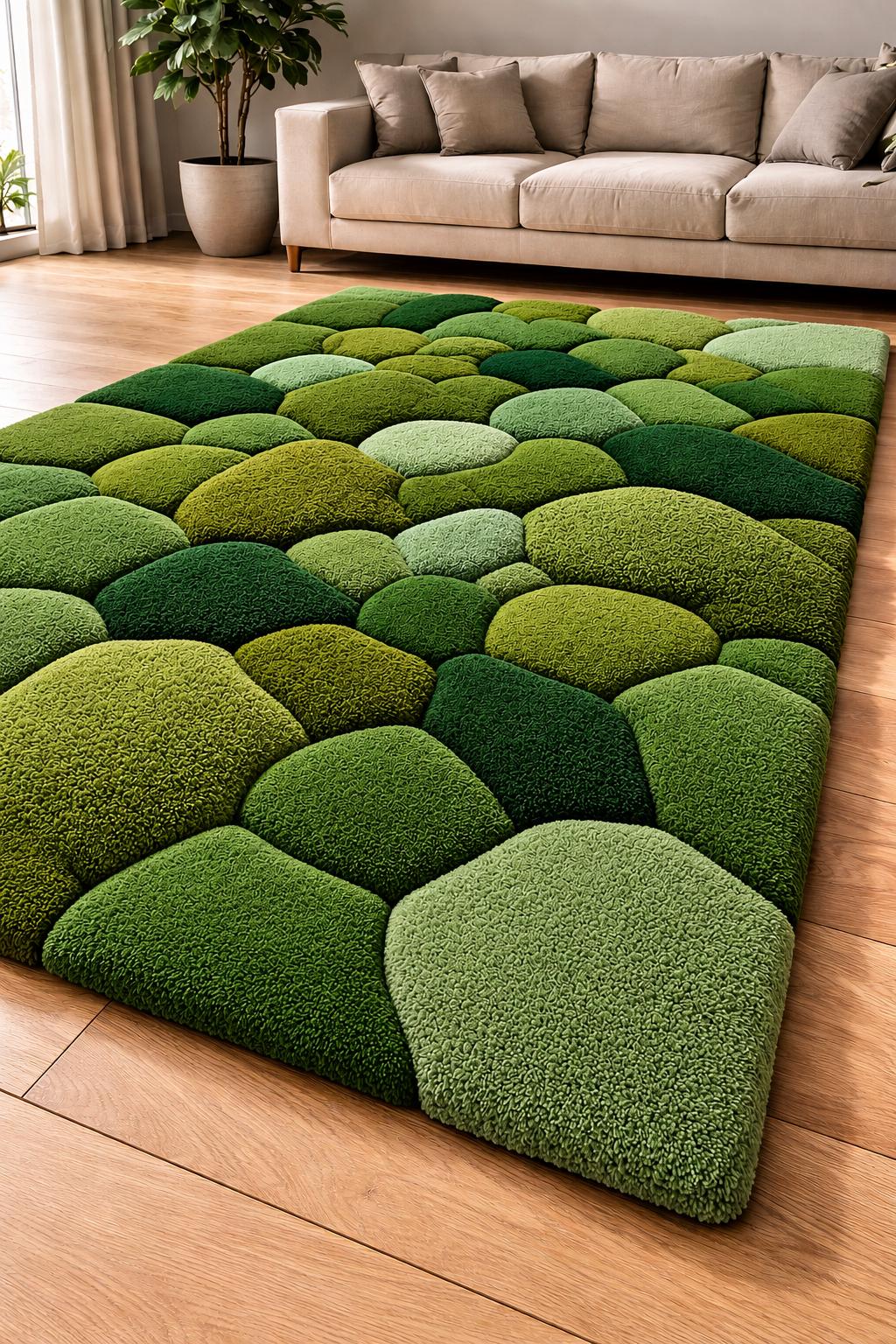 Luxury Moss Pebble Rug  3D Tufted Green Area Rug | Organic Stone Texture Rug | Japandi Bedroom Rug | Handmade Moss Carpet | Forest Inspired