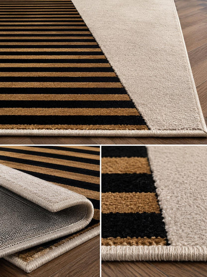 Luxury Geometric Area Rug | Modern Black Beige Wool Rug | Minimalist Contemporary Carpet | Handmade Designer Living Room Rug UK US Decor